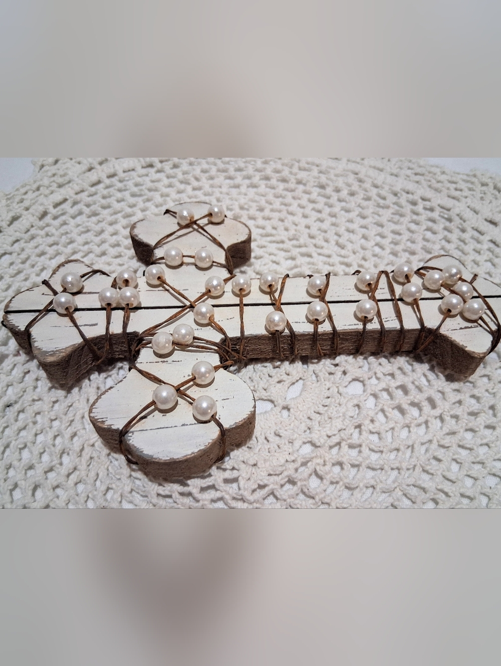 Beaded Rustic White Wooden Cross Wall Hanging - Picture 5 of 8